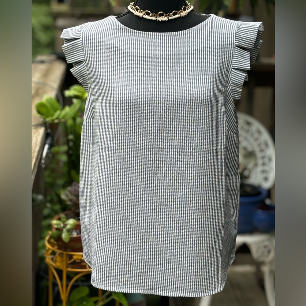 Monteau White and Blue Ruffle Sleeve Blouse